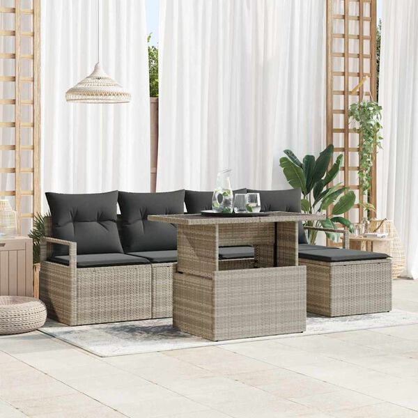 vidaXL Gar&eth;s&oacute;fa sett me&eth; geymslu 6 pcs Lj&oacute;sgr&aacute;r Poly rattan