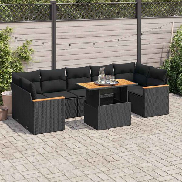 vidaXL 8 stykki gar&eth;s&oacute;fasett me&eth; p&uacute;&eth;um Black Poly Rattan Acacia