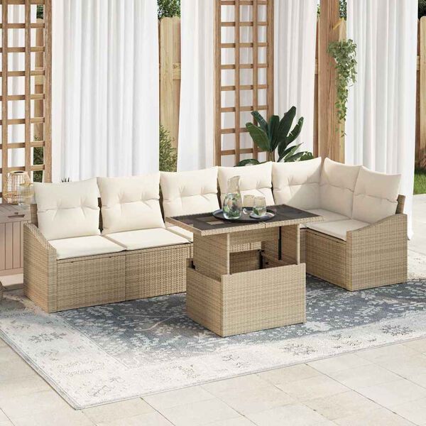 vidaXL Gar&eth;s&oacute;fa sett me&eth; p&uacute;&eth;i 7 pcs Beige og krem p&oacute;l&yacute;rattan