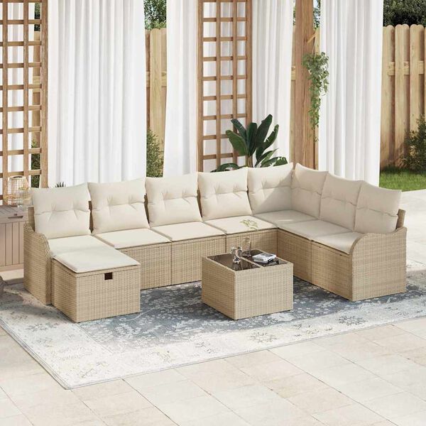 vidaXL S&oacute;fasett me&eth; p&uacute;&eth;i me&eth; geymslu 9 pcs Beige og krem p&oacute;l&yacute;rattan