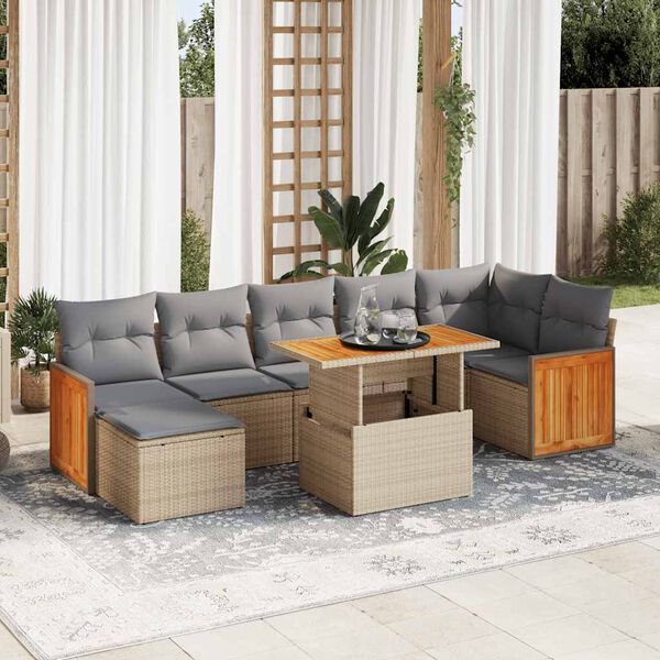 vidaXL 8 stykki gar&eth;s&oacute;fasett me&eth; p&uacute;&eth;um Beige Poly Rattan Acacia