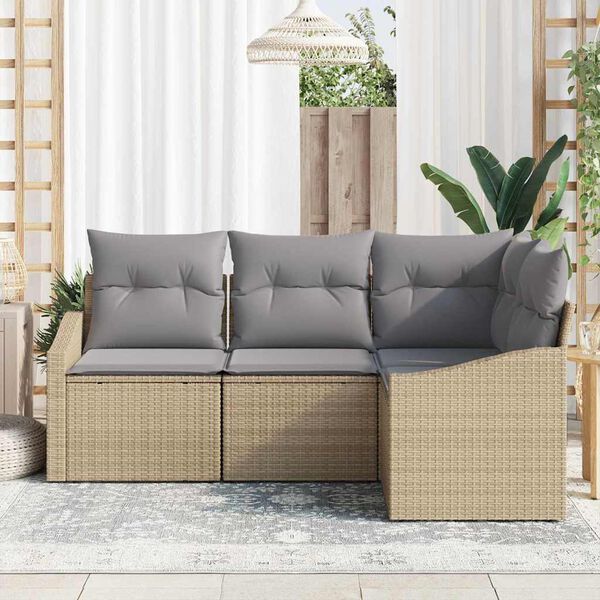 vidaXL Gar&eth;s&oacute;fa sett me&eth; p&uacute;&eth;i 4 pcs Beige og lj&oacute;sgr&aacute;r p&oacute;l&yacute;rattan
