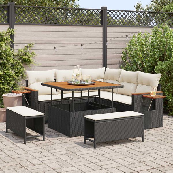 vidaXL Gar&eth;s&oacute;fa sett me&eth; p&uacute;&eth;i 8 pcs Svartur og krem