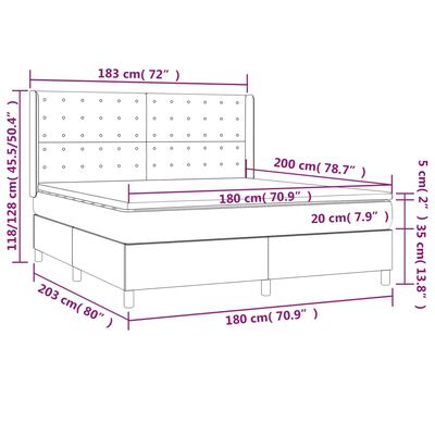 vidaXL Hólfað Springrúm með Dýnu&LED Dökkgrátt 180x200cm Tauefni