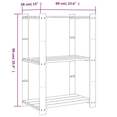 vidaXL Geymslurekki 3 Hillur Grár 60x38x90 cm Gegnheil Fura