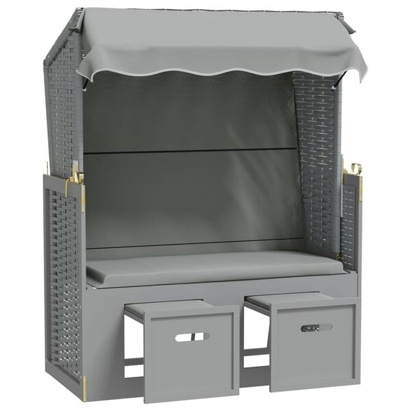 vidaXL Strandbekkur me&eth; Skyggni P&oacute;l&yacute;rattan Gegnheill Vi&eth;ur Gr&aacute;r