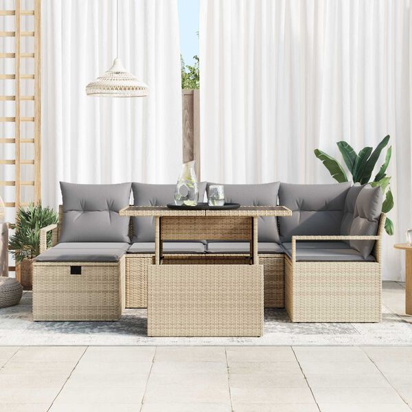 vidaXL Gar&eth;s&oacute;fa sett me&eth; p&uacute;&eth;i 7 pcs Drapplita&eth;ur Poly rattan