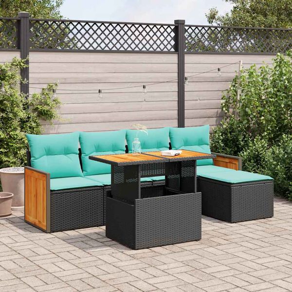 vidaXL 6 stykki gar&eth;s&oacute;fasett me&eth; p&uacute;&eth;um Black Poly Rattan Acacia