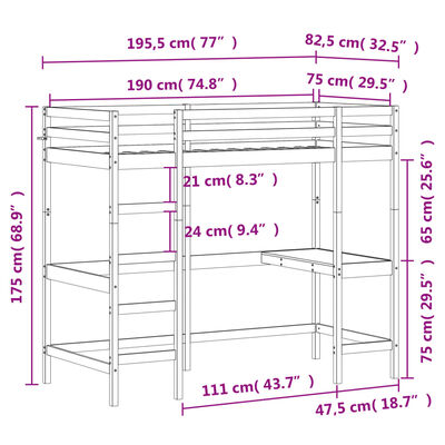 vidaXL Koja með Skrifborði 75x190 cm Gegnheil Fura