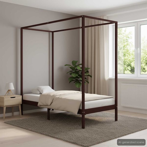 vidaXL Rúmgrind með Himnasæng Dökkbrún Gegnheil Fura 100x200 cm