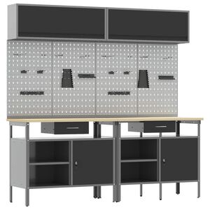 vidaXL Vinnubekkur sett me&eth; hillu 8 pcs Svartur og gr&aacute;r Dufth&uacute;&eth;a&eth; st&aacute;l