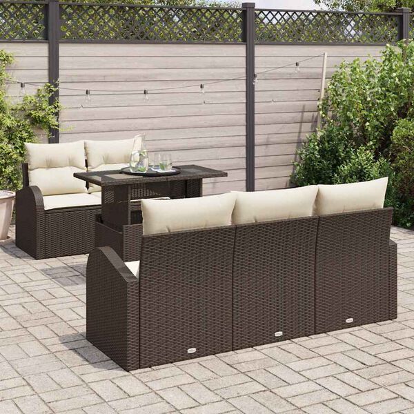 vidaXL Gar&eth;s&oacute;fa sett me&eth; p&uacute;&eth;i me&eth; kodda 6 pcs Br&uacute;nn Poly Rattan