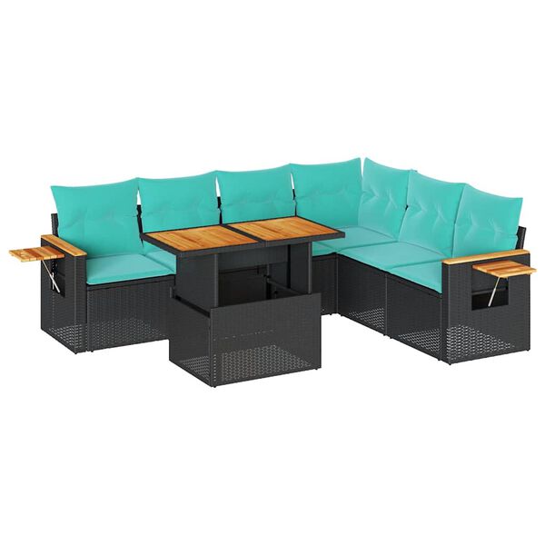 vidaXL 7 stykki gar&eth;s&oacute;fasett me&eth; p&uacute;&eth;um Black Poly Rattan Acacia