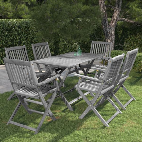 vidaXL 7 Parta Garðborðstofusett Gegnheill Akasíuviður Grátt