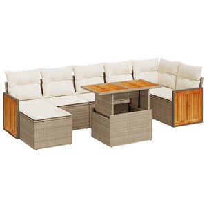 vidaXL 8 stykki gar&eth;s&oacute;fasett me&eth; p&uacute;&eth;um Beige Poly Rattan Acacia