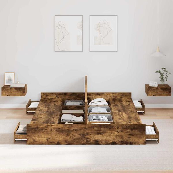 vidaXL Rúmgrind með geymslurými Rauð-eik 160 x 200 cm Samsettur viður