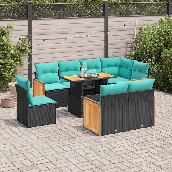 vidaXL 9 stykki gar&eth;s&oacute;fasett me&eth; p&uacute;&eth;um Black Poly Rattan Acacia