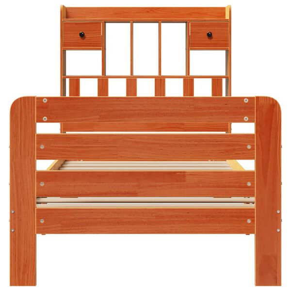 vidaXL Rúm með Bókahillu án Dýnu Vaxbrúnn 75x190 cm Gegnheil Fura