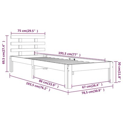 vidaXL Rúmgrind án Dýnu Hvítt 75x190cm Lítil Einbreið