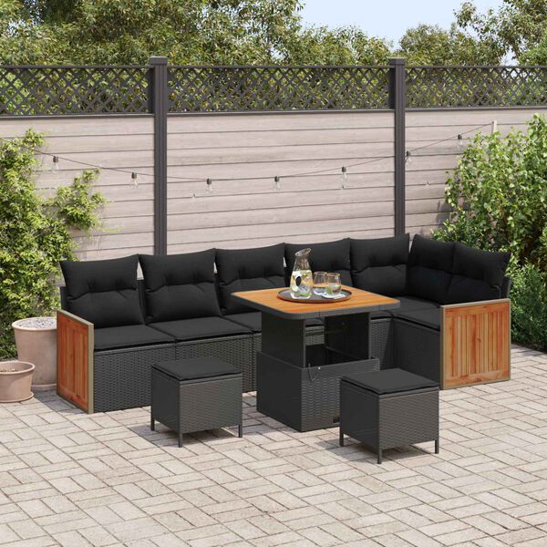 vidaXL Gar&eth;s&oacute;fa sett 9 pcs Svartur Poly Rattan og P&uacute;&eth;ur-lakki&eth; St&aacute;l
