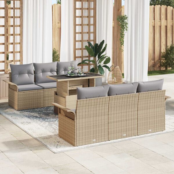 vidaXL Gar&eth;s&oacute;fa sett me&eth; p&uacute;&eth;i 7 pcs Drapplita&eth;ur Poly Rattan