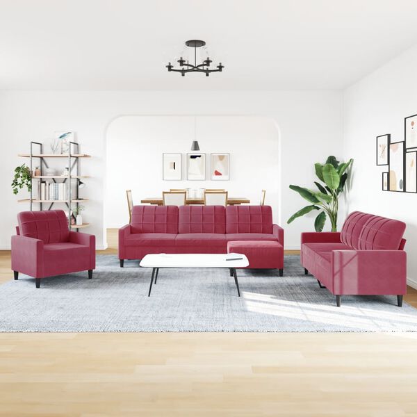 vidaXL 4 Parta S&oacute;fasett me&eth; Sessum V&iacute;nrautt Flauel