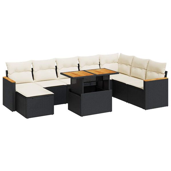vidaXL 9 stykki gar&eth;s&oacute;fasett me&eth; p&uacute;&eth;um Black Poly Rattan Acacia