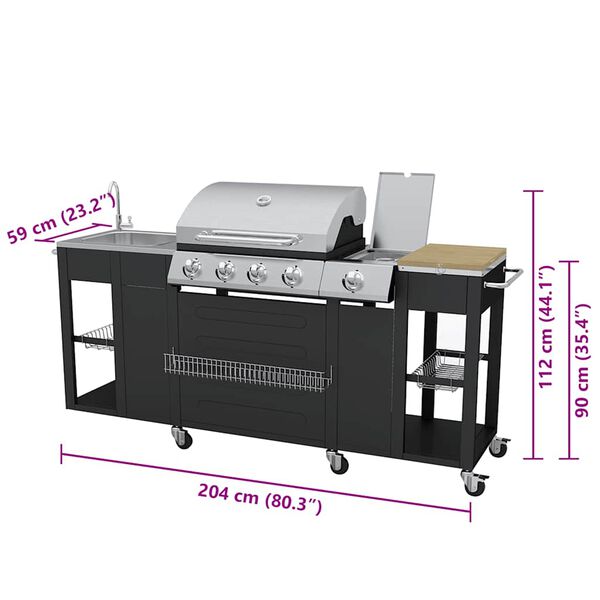 vidaXL BBQ grill með 4 Eldunarsvæði Svart (Aðeins AT/DE/CH)