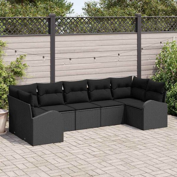vidaXL Garðsófa sett með púði 7 pcs Svartur Poly Rattan