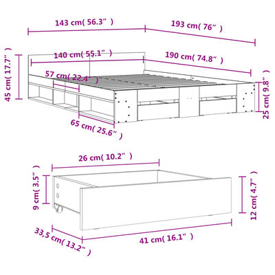 vidaXL Rúmgrind með Skúffum án Dýnu Sonoma Eikarlitur 140x190 cm