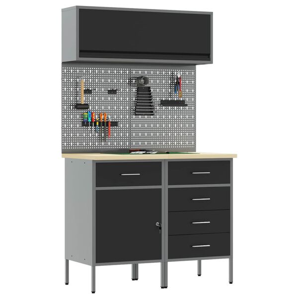 vidaXL Vinnusk&aacute;paset 5 pcs Svartur Pulverlita&eth;ur st&aacute;l og hanna&eth; tr&eacute;