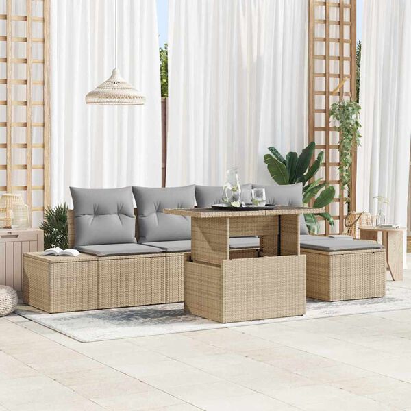 vidaXL Gar&eth;s&oacute;fa sett me&eth; p&uacute;&eth;i 6 pcs Beige og lj&oacute;sgr&aacute;r p&oacute;l&yacute;rattan