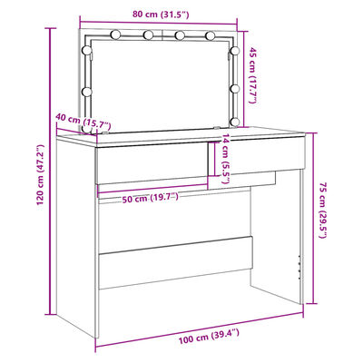 vidaXL Snyrtiborð með LED ljósum Sonoma Eikarlitur 100x40x120 cm