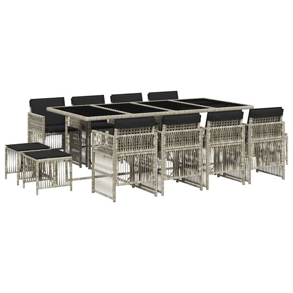 vidaXL 13 Hluta Gar&eth;bor&eth;stofusett me&eth; P&uacute;&eth;um Lj&oacute;sgr&aacute;r P&oacute;l&yacute;rattan