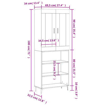 vidaXL Hár Skápur Brún Eik 69,5x34x180 cm Samsettur Viður