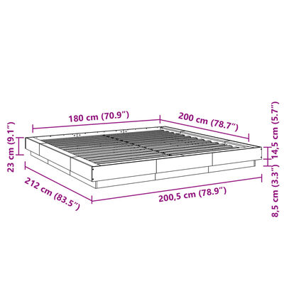 vidaXL Rúmgrind með LED Ljósum Brúnn Eik 180x200 cm Samsettur Viður