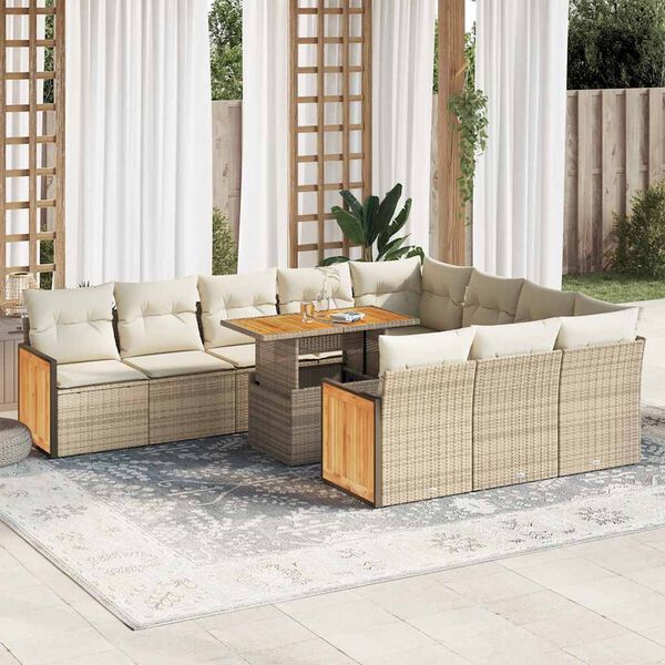 vidaXL 11 bita gar&eth;s&oacute;fasett me&eth; p&uacute;&eth;um Beige Poly Rattan Acacia