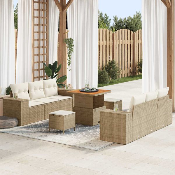 vidaXL Gar&eth;s&oacute;fa sett me&eth; p&uacute;&eth;i 9 pcs Beige og krem Poly Rattan