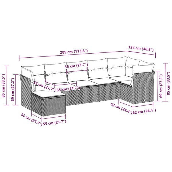 vidaXL 7-Hluta Garðsófasett með Sessum Ljósgrár Pólýrattan