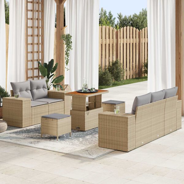 vidaXL Gar&eth;s&oacute;fa sett me&eth; p&uacute;&eth;i 8 pcs Beige og lj&oacute;sgr&aacute;r Poly Rattan
