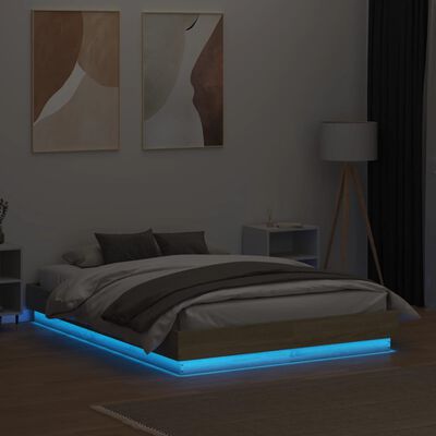 vidaXL Rúmgrind með LED án Dýnu Sonoma Eikarlitur 135x190 cm