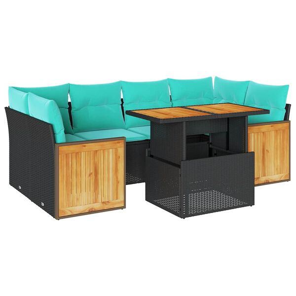 vidaXL 7 stykki gar&eth;s&oacute;fasett me&eth; p&uacute;&eth;um Black Poly Rattan Acacia