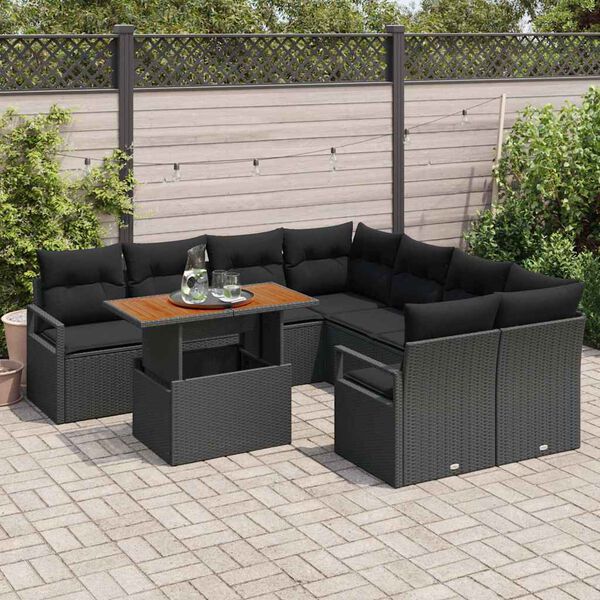 vidaXL Gar&eth;s&oacute;fa sett me&eth; geymslu 9 pcs Svartur Poly rattan