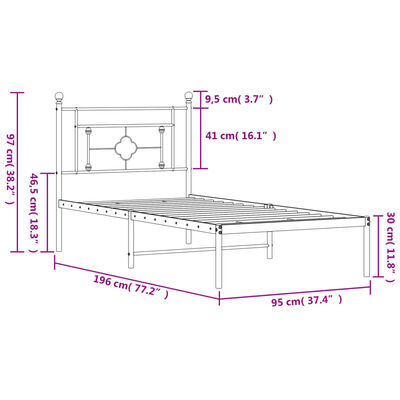 vidaXL Rúmgrind úr Málmi án Dýnu með Höfðagafli Svört 90x190 cm