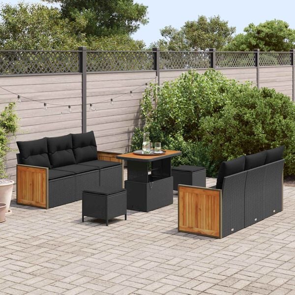 vidaXL Gar&eth;s&oacute;fa sett 9 pcs Svartur Poly Rattan og P&uacute;&eth;ur-lakki&eth; St&aacute;l