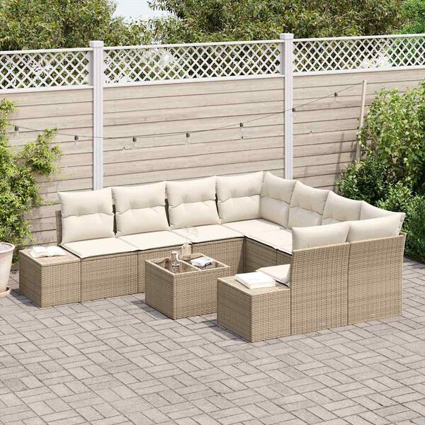 vidaXL Gar&eth;s&oacute;fa sett me&eth; p&uacute;&eth;i 9 pcs Beige og krem p&oacute;l&yacute;rattan