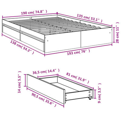 vidaXL Rúmgrind með Skúffum án Dýnu Reyktóna Eikarlitur 135x190 cm