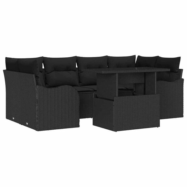 vidaXL Gar&eth;s&oacute;fa sett me&eth; p&uacute;&eth;i me&eth; geymslu 7 pcs Svartur Poly Rattan
