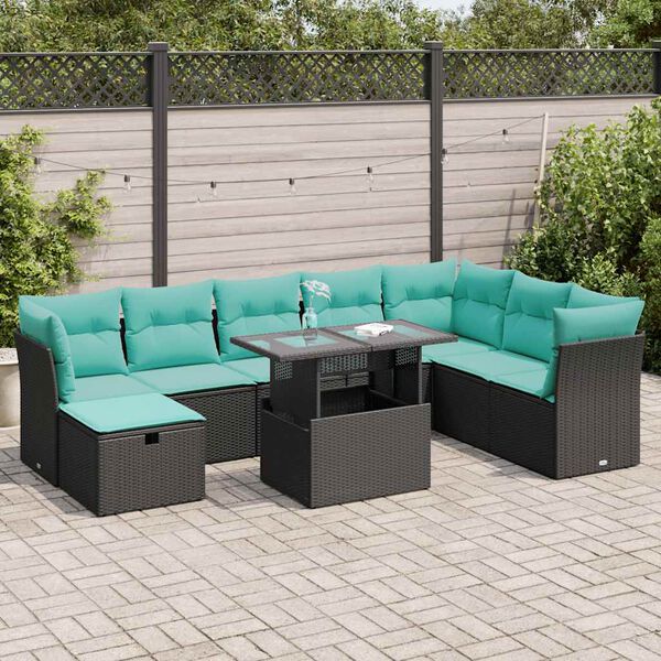 vidaXL 9 stykki gar&eth;s&oacute;fasett me&eth; p&uacute;&eth;um Black Poly Rattan Acacia