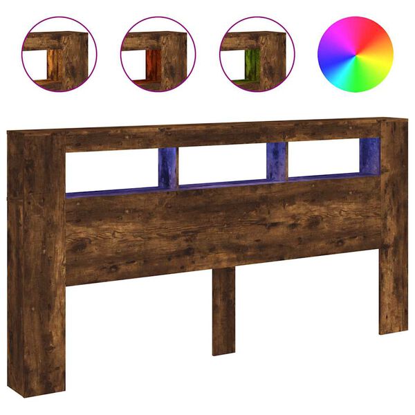 vidaXL Höfðagafl með LED Reyktóna Eik 200x18,5x103,5cm Samsettur Viður